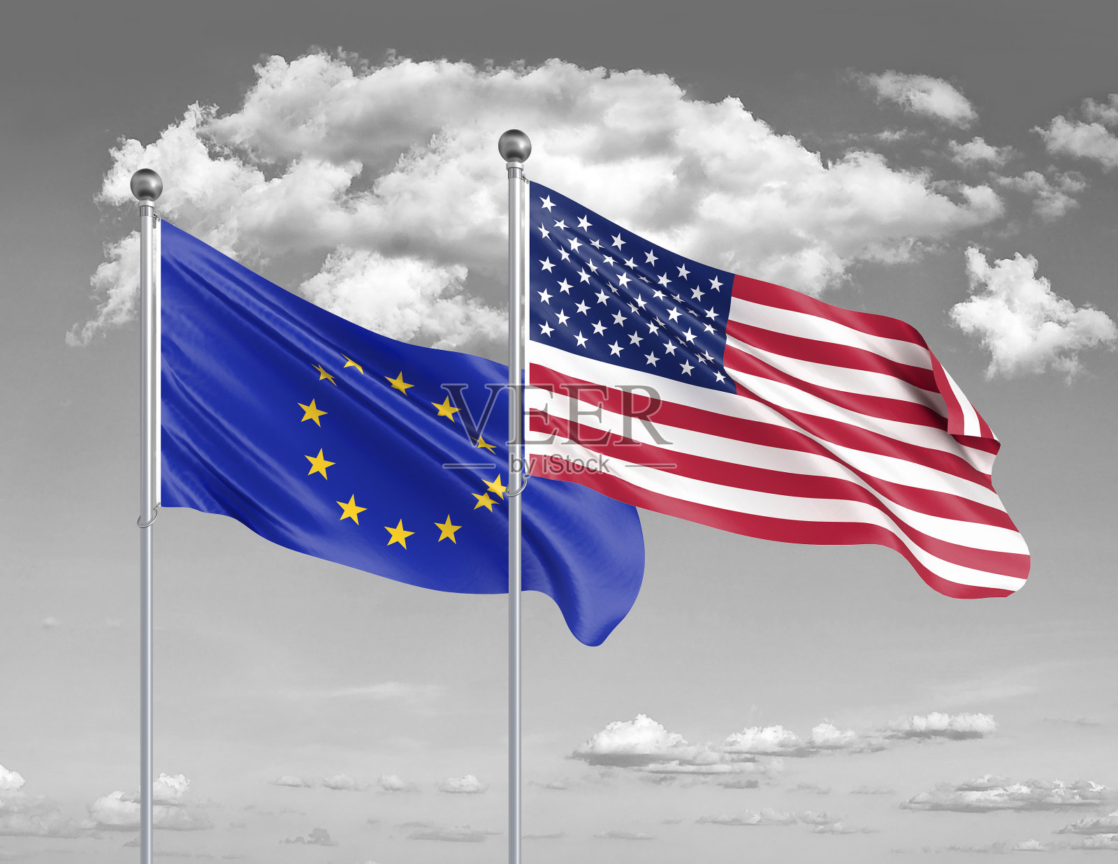 两个现实的旗帜。美利坚合众国对欧洲联盟。美国和欧盟的厚彩色丝绸旗帜。天空背景上的3D插图。——说明照片摄影图片