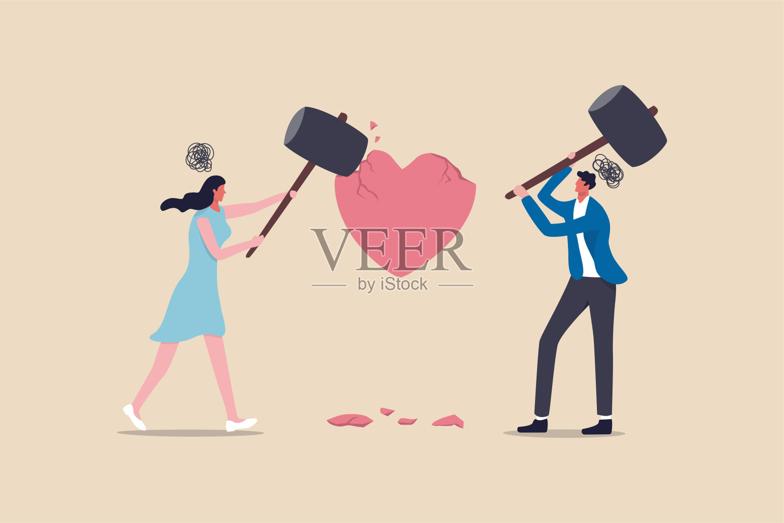 婚姻难题、离婚或家庭暴力或破裂关系中的痛苦，愤怒的夫妻用大锤敲击破碎的心，象征家庭问题插画图片素材