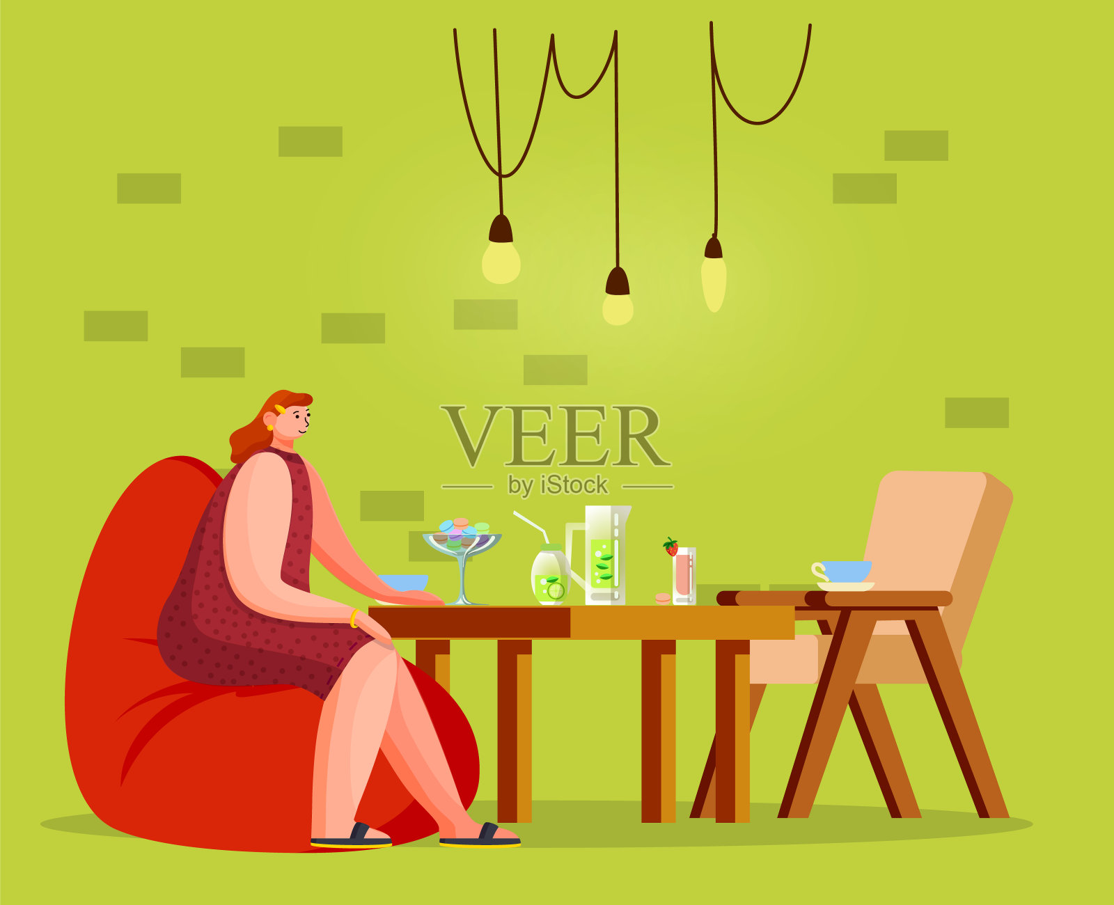 女性坐在鸡尾酒在咖啡馆矢量插画图片素材