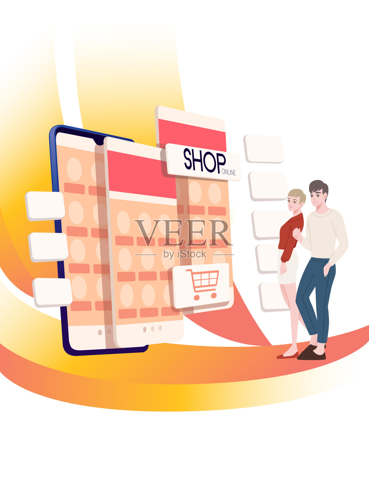 广告横幅传单设计与年轻夫妇和网上商店现代商店应用程序在智能手机上的白色背景平面矢量插图插画图片素材