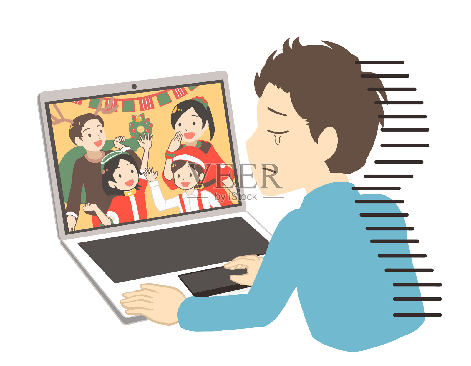 观看圣诞节线上内容而流泪的男人插画图片素材