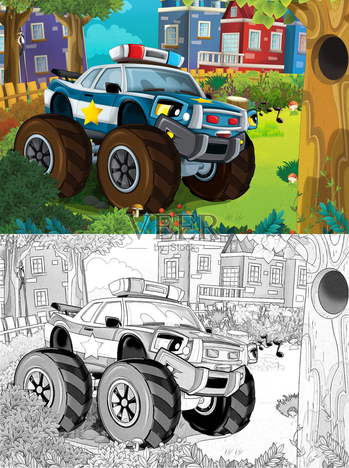 卡通小品场景在城市中与警车通过公园巡逻-插画插画图片素材