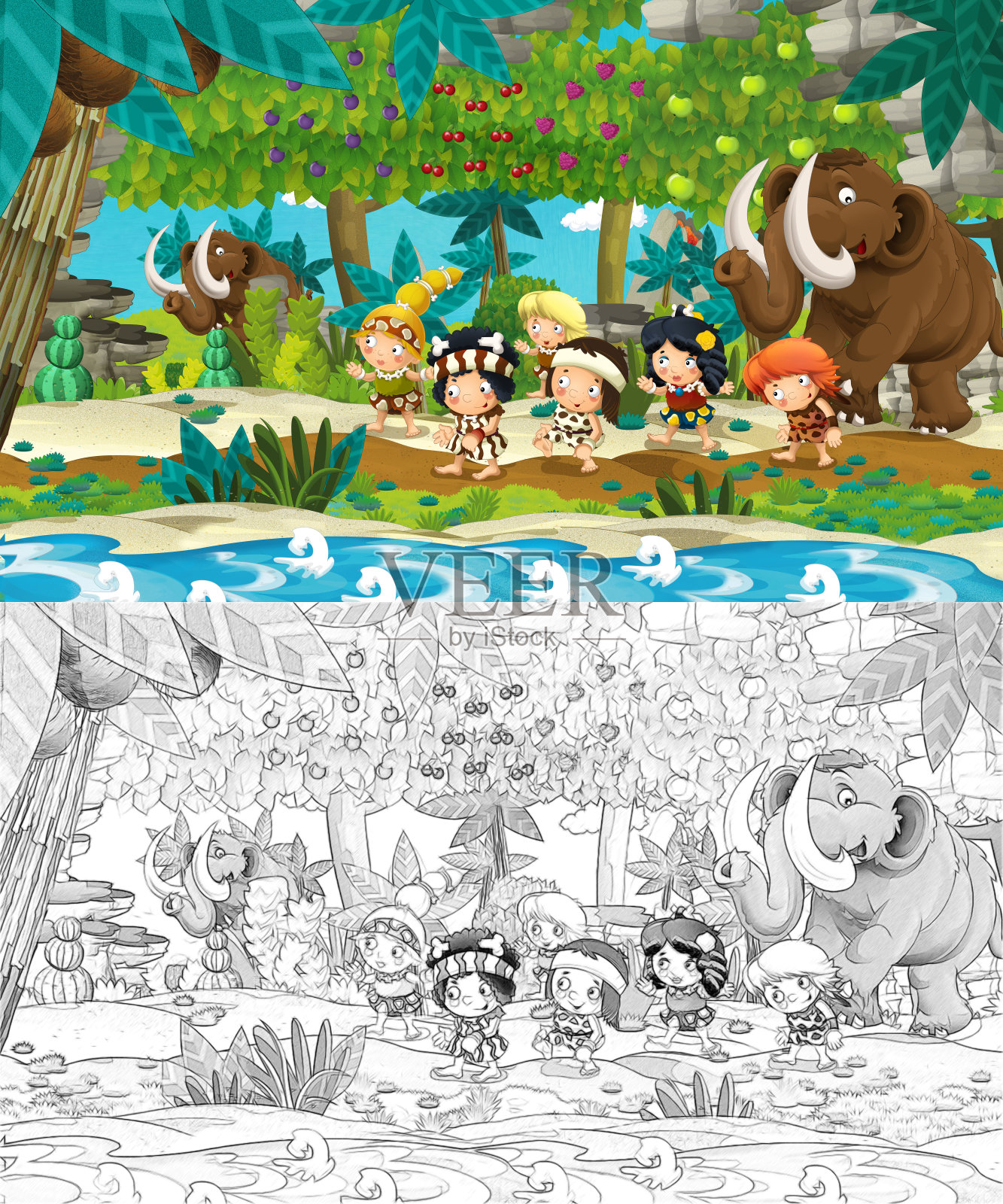 卡通素描场景与史前人旅行与猛犸象和果树附近的河流-插图插画图片素材