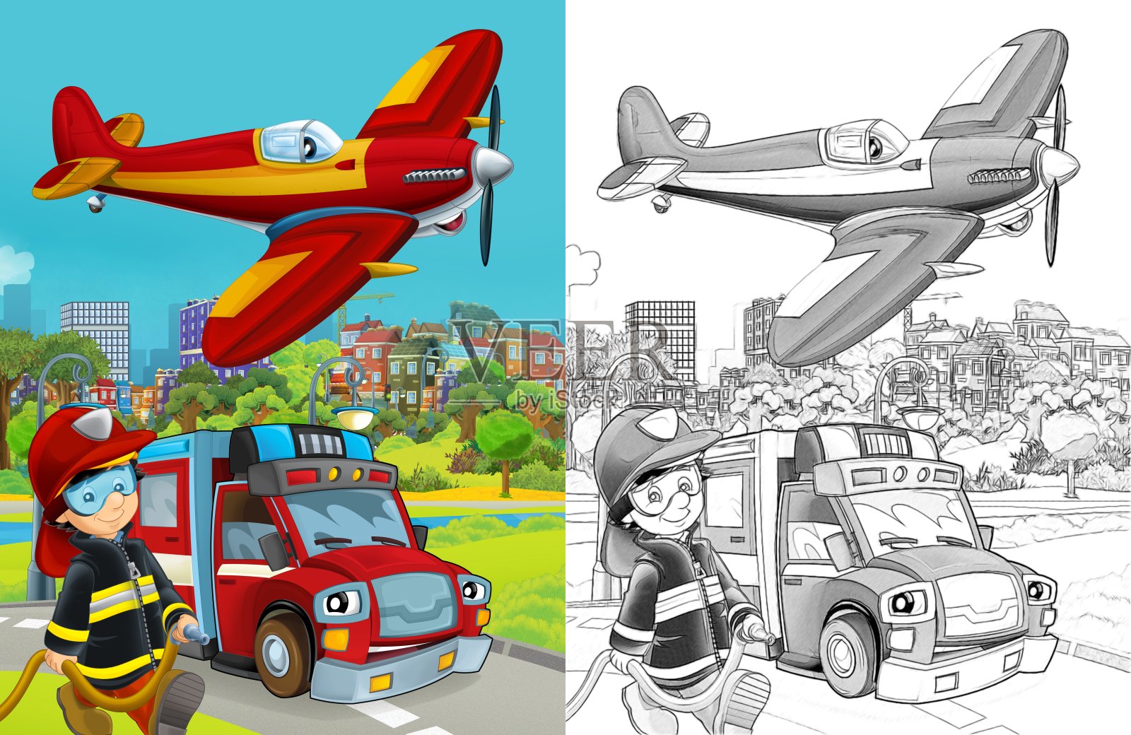 以道路上的消防车和消防员为例的卡通素描场景插画图片素材
