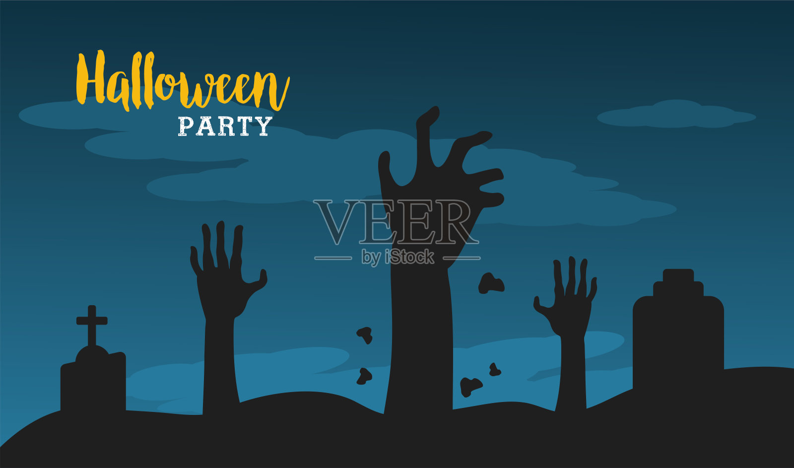 万圣节快乐庆祝与死亡的手在墓地的夜景设计模板素材