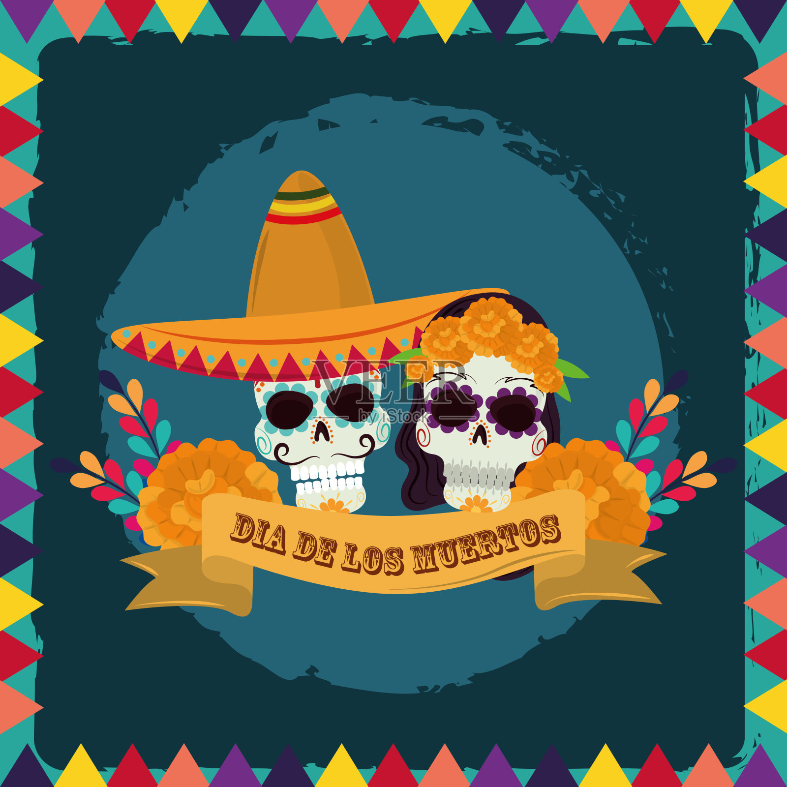 亡灵节，戴着帽子和鲜花的骷髅头，墨西哥式的庆典插画图片素材