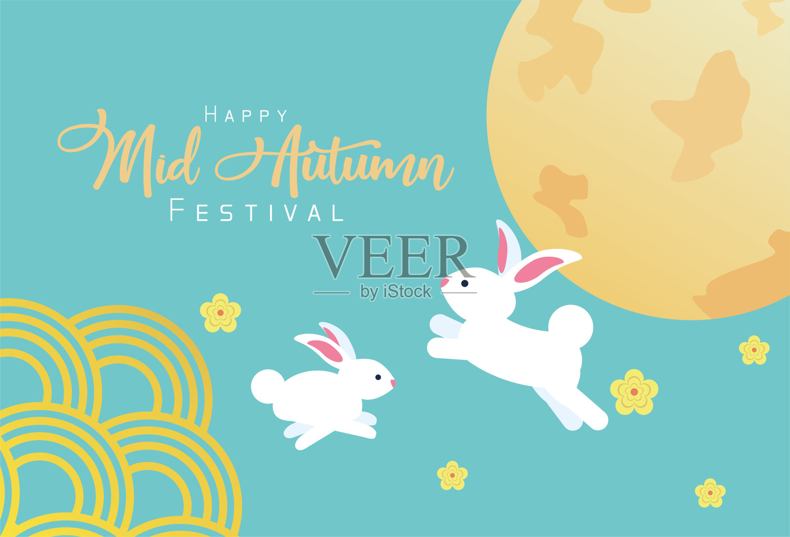 中秋庆祝卡片与兔子夫妇和月亮设计模板素材