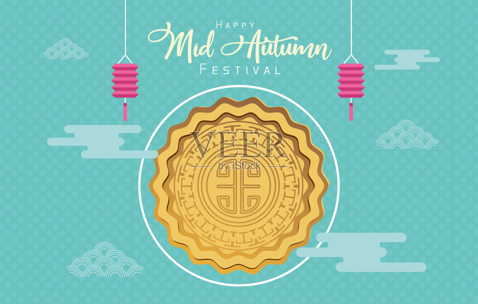 镶有金色花边和灯笼的中秋庆祝卡片设计模板素材