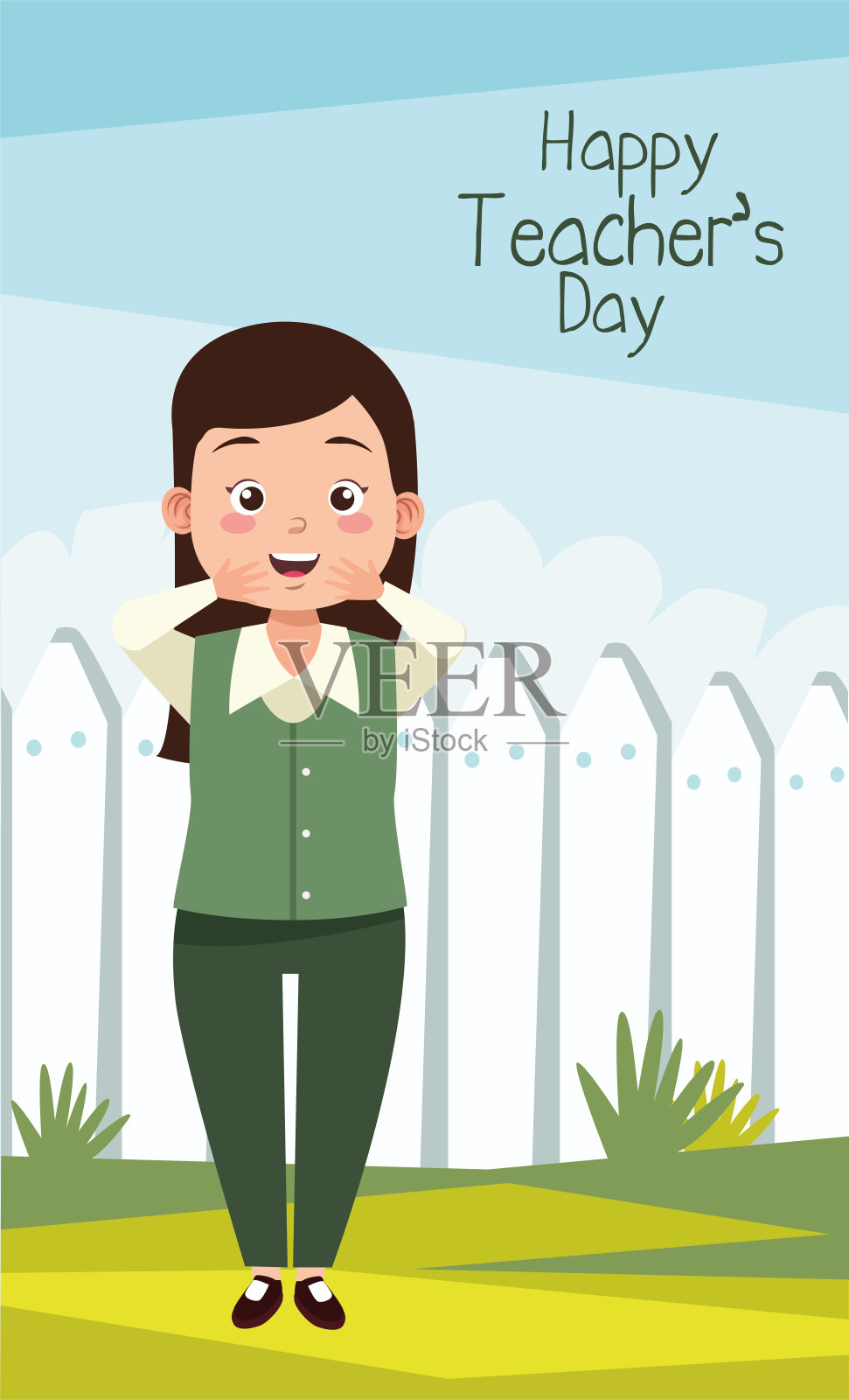 女教师带着教师节的字母在营地里插画图片素材