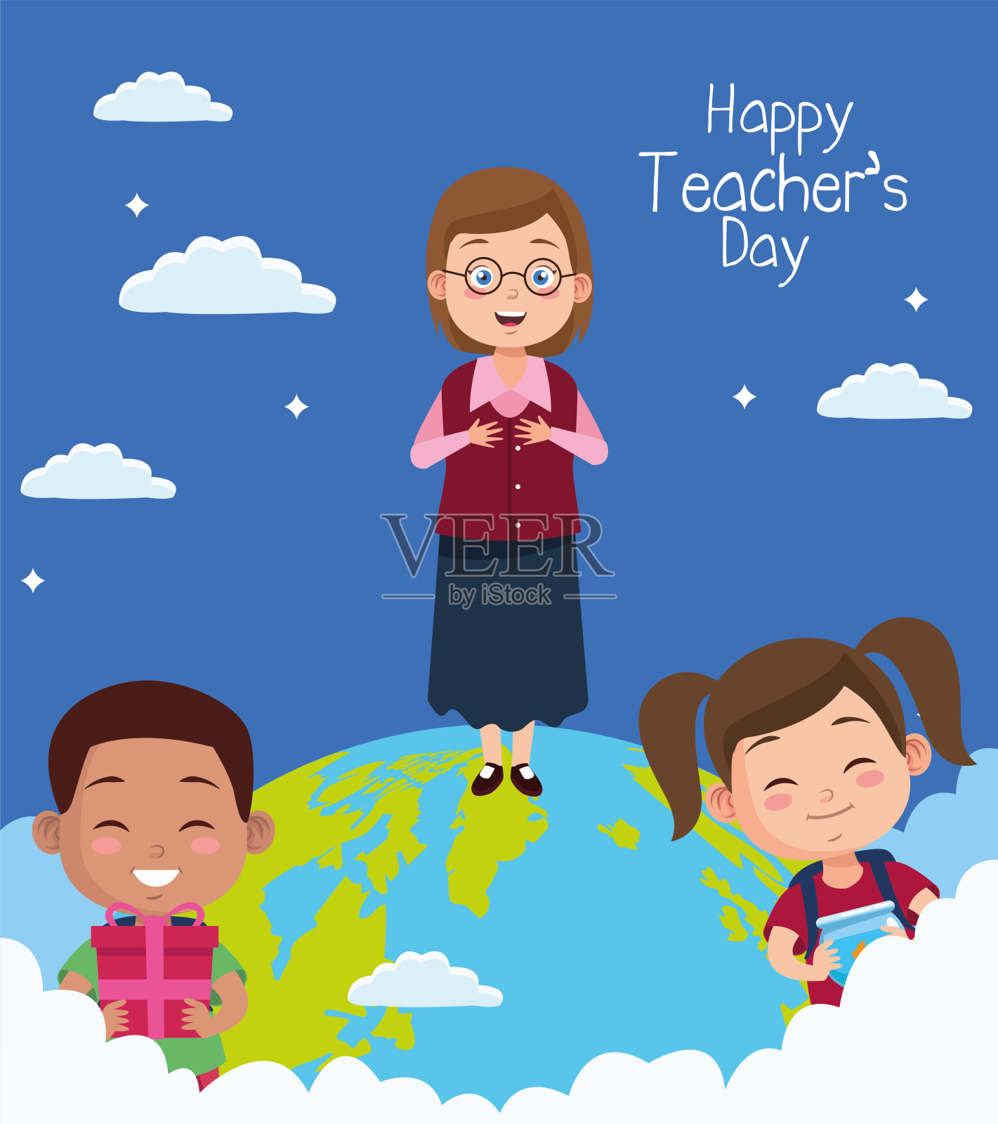 老师和孩子夫妇在世界星球插画图片素材