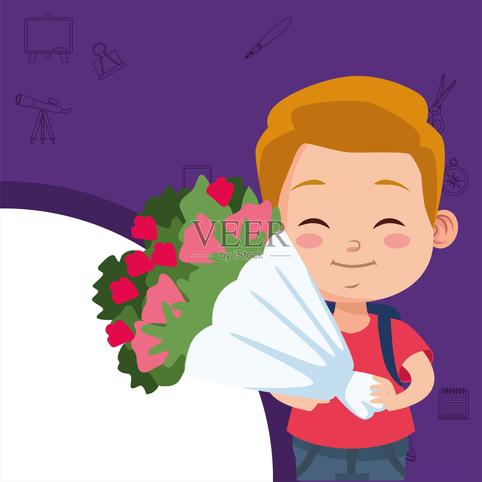 可爱的小男生用鲜花捧花插画图片素材