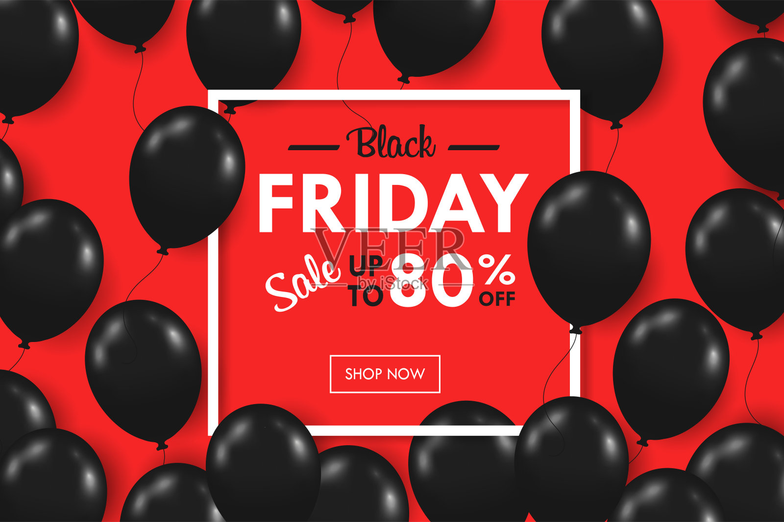 许多闪亮的黑色气球漂浮着。周末促销黑色星期五的红色背景文本框架设计元素图片
