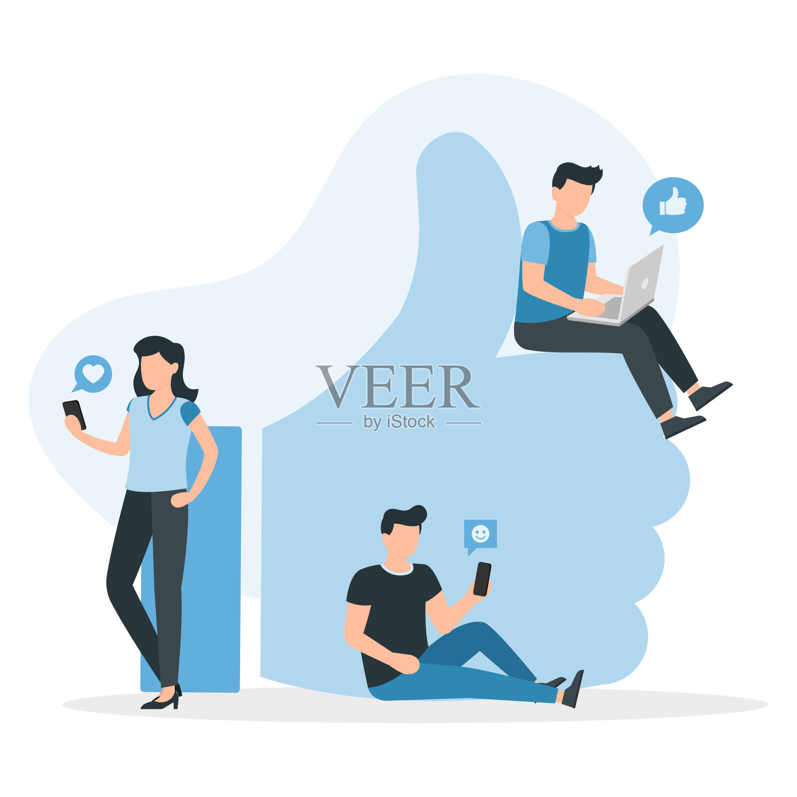 社交媒体上的人。男人和女人靠近大我喜欢的象征。插画图片素材