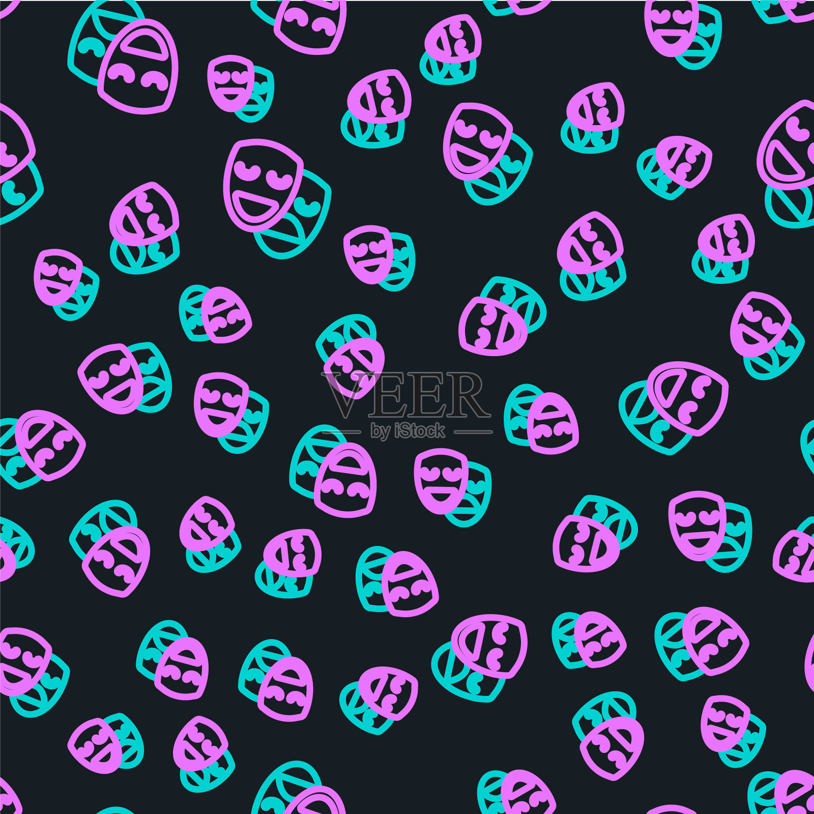 黑色背景上的线条喜剧和悲剧面具图标无缝图案。矢量素材插画图片素材