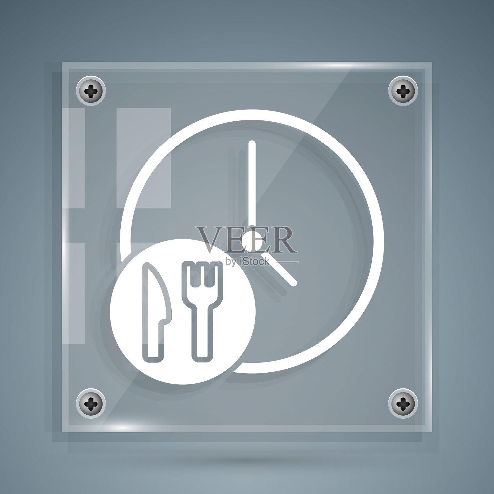 白色的时钟交付图标孤立在灰色的背景。方形玻璃面板。向量图标素材