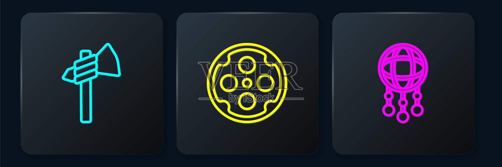 准备好战斧斧，羽毛捕梦网和左轮手枪圆筒。黑色方形按钮。向量设计元素图片