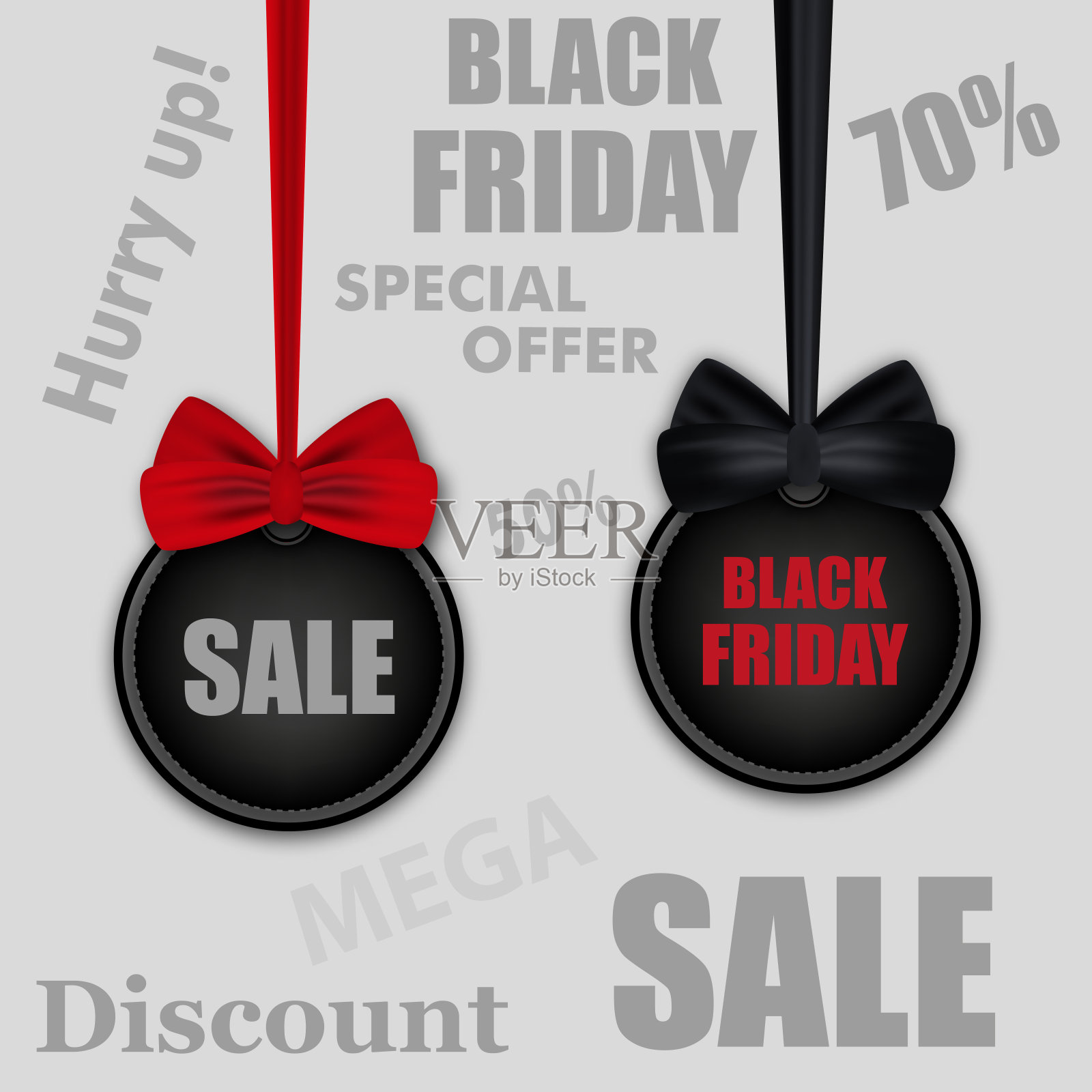 黑色星期五销售。圆贴纸，黑色和红色蝴蝶结与丝带。海报或横幅模板。向量设计元素图片