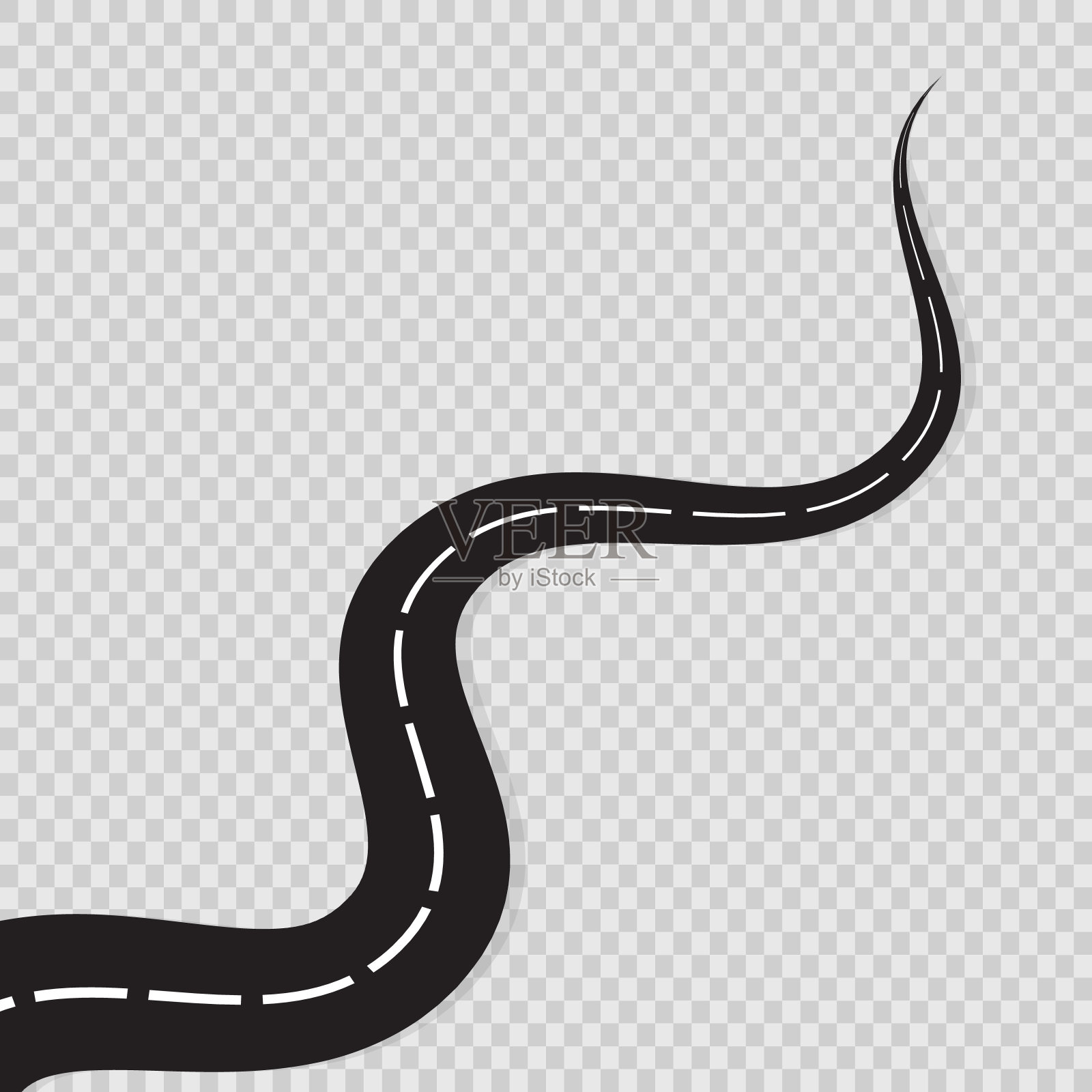 摘要道路沥青弯曲，道路孤立在透明背景上，道路地平线蜿蜒，道路地图转弯长。黑色路标绕组集。矢量图插画图片素材