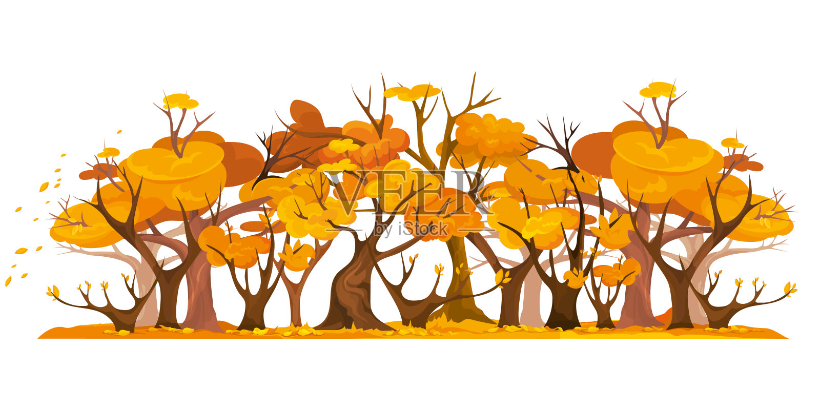 卡通风格的金色树叶树。插画图片素材