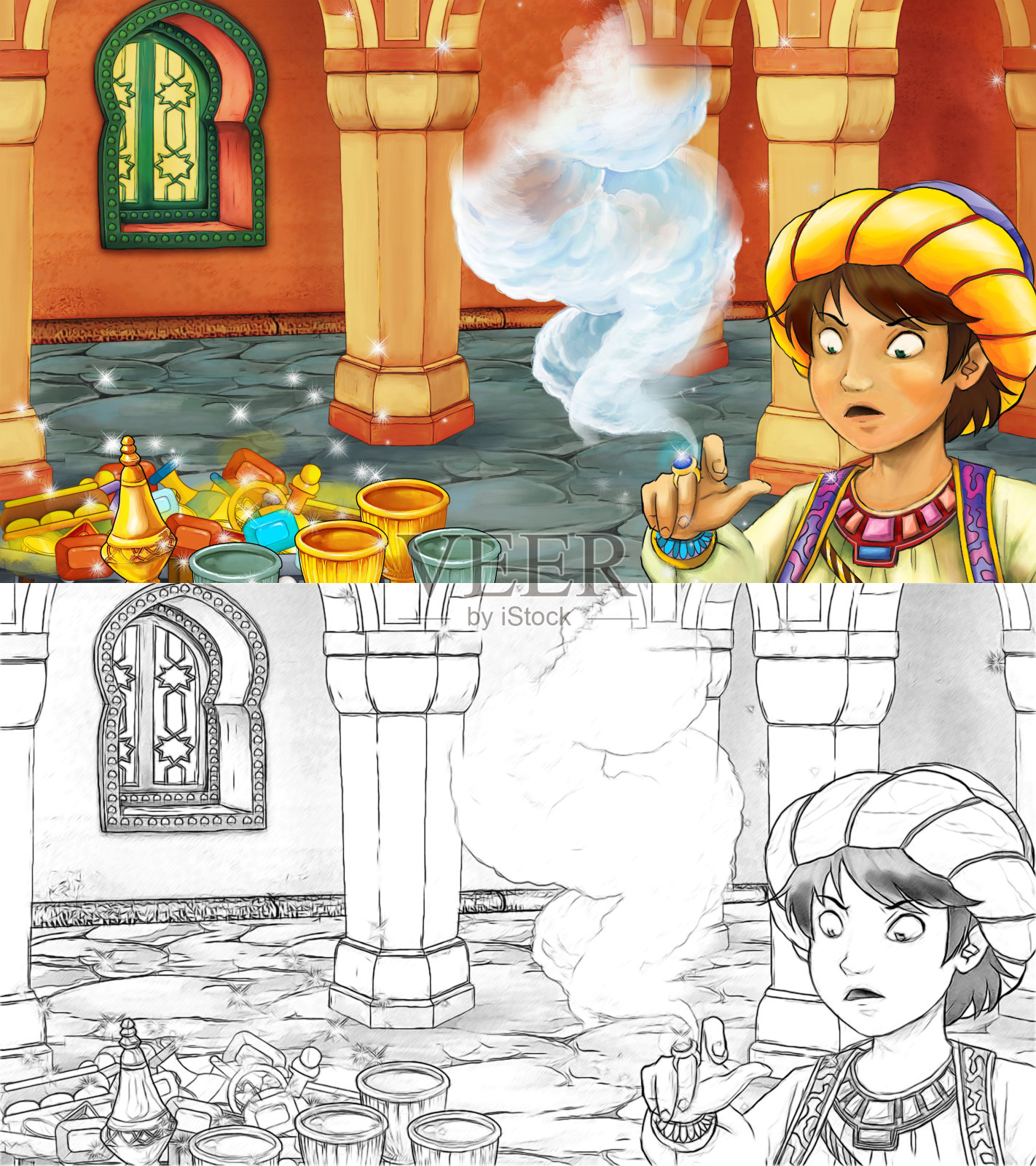 卡通素描场景与中世纪阿拉伯房间宝物和王子-远东饰品-舞台的不同用途-插图插画图片素材