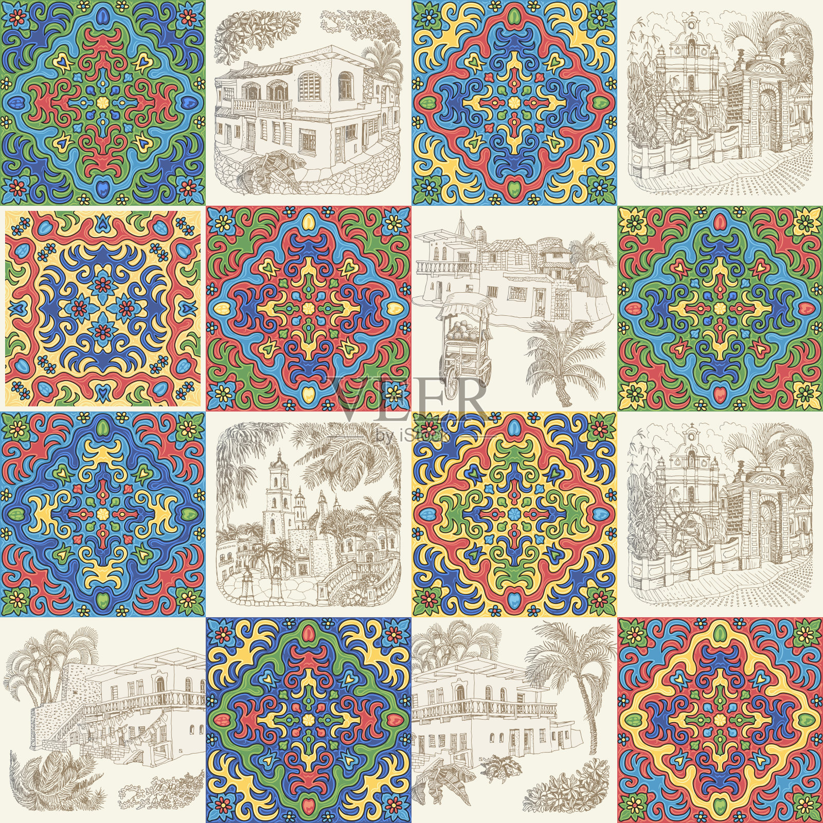 Seamless patchwork pattern of mosaic tiles in Talavera majolica ceramic style and doodle sketch of Mexican street. Wallpaper checkered décor, batik textile print, wrapping paper插画图片素材