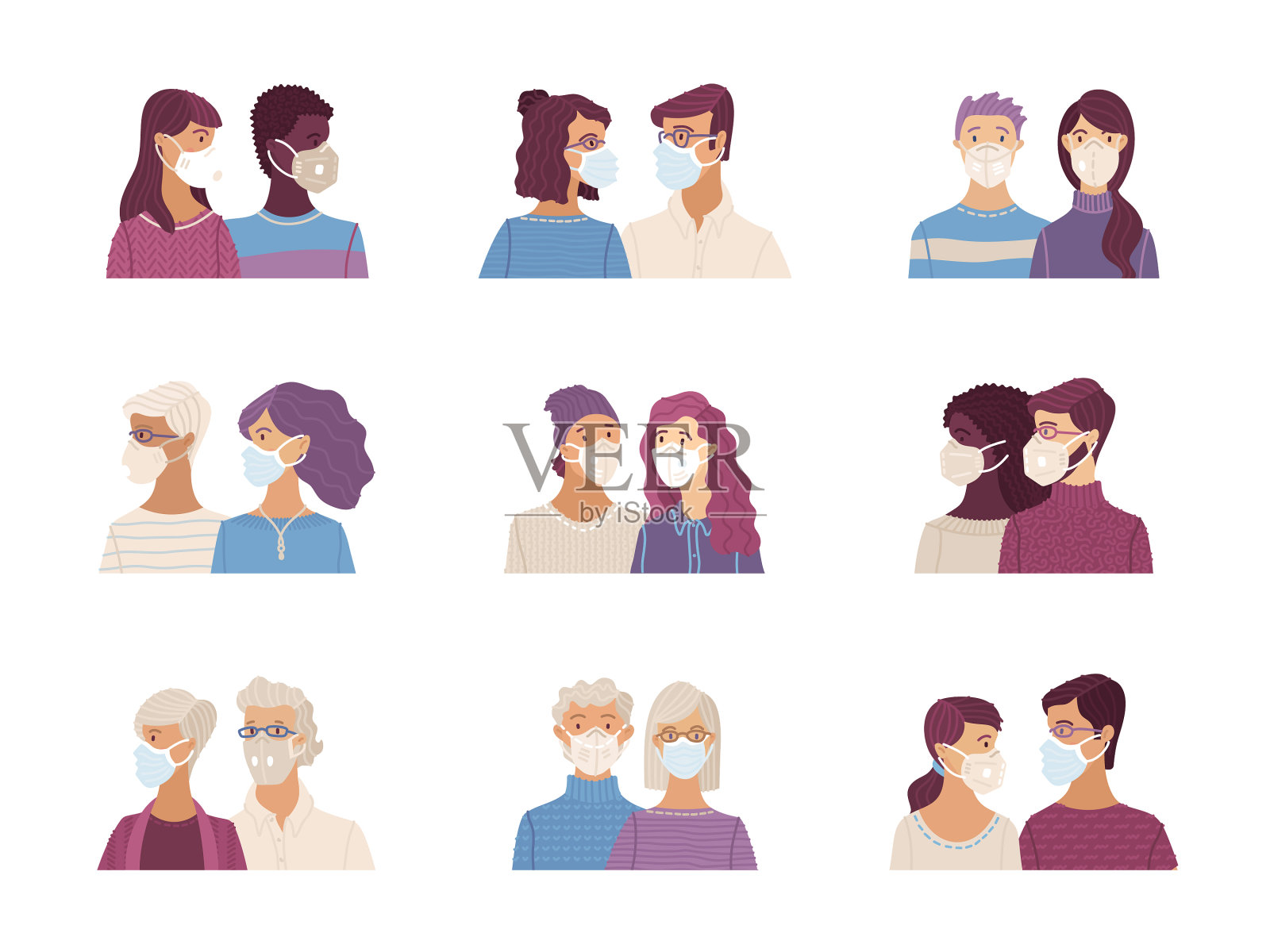 年轻和年老的夫妇戴着安全呼吸插画图片素材