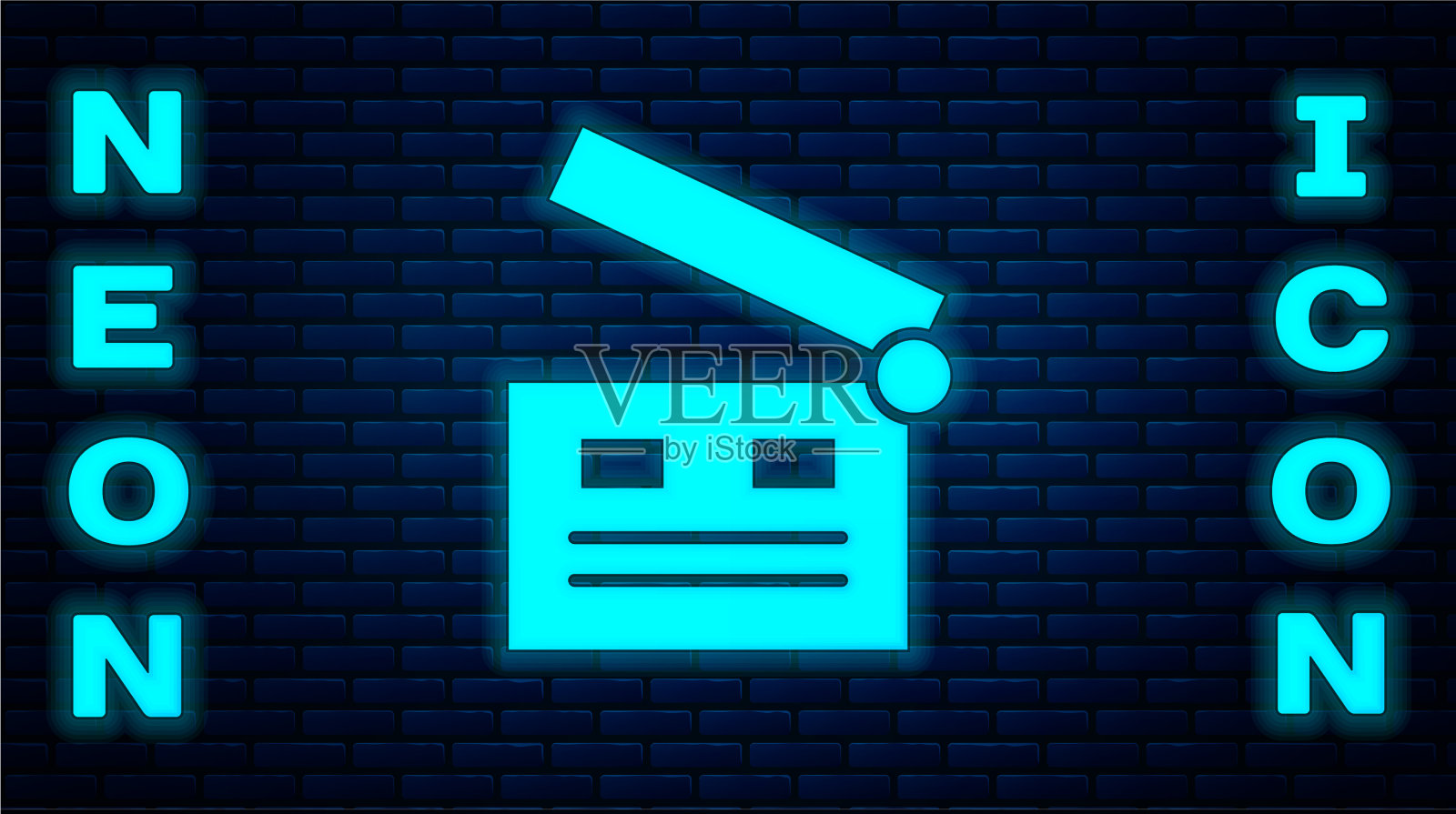 发光的霓虹灯电影拍手图标孤立在砖块上插画图片素材