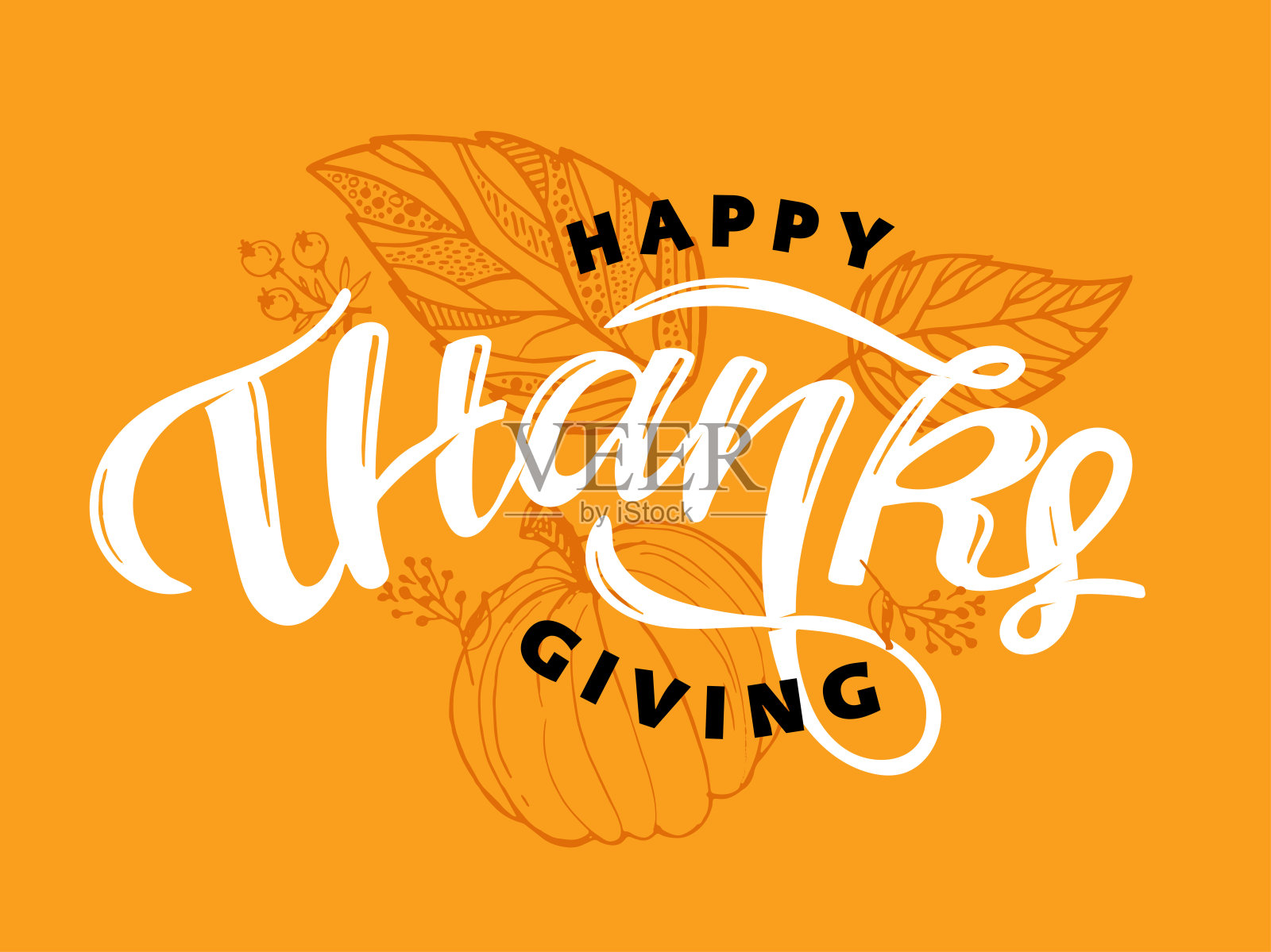 感恩节快乐。感恩。可爱的字体海报。秋叶秋色的图案背景。插画图片素材