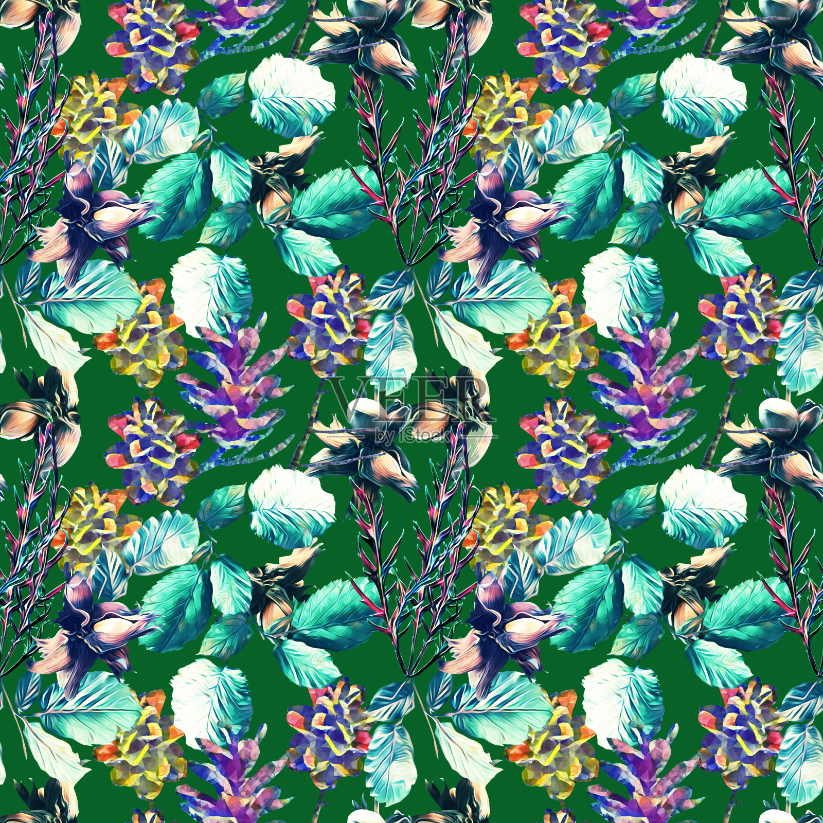 秋季以松果、松叶和果仁组成，图案无缝。插画图片素材