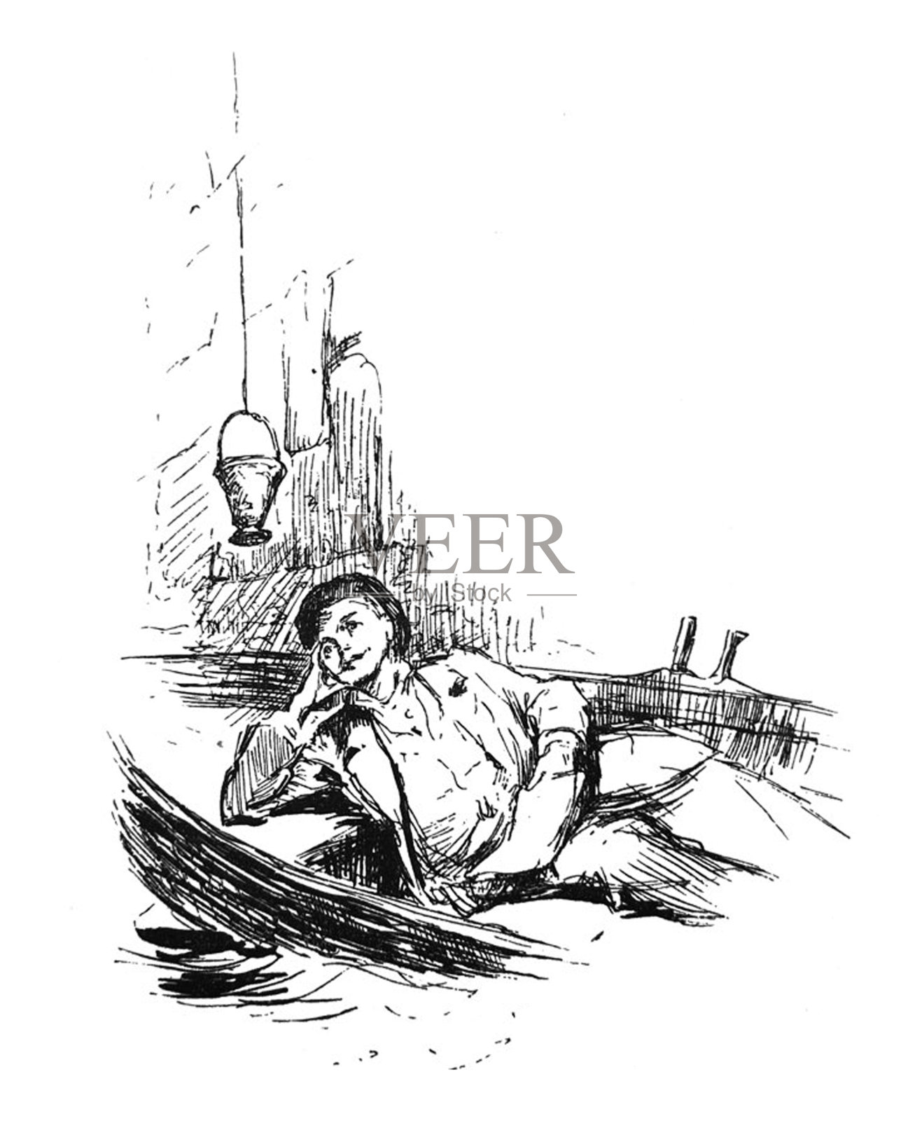 古董插图-男子放松在船上插画图片素材