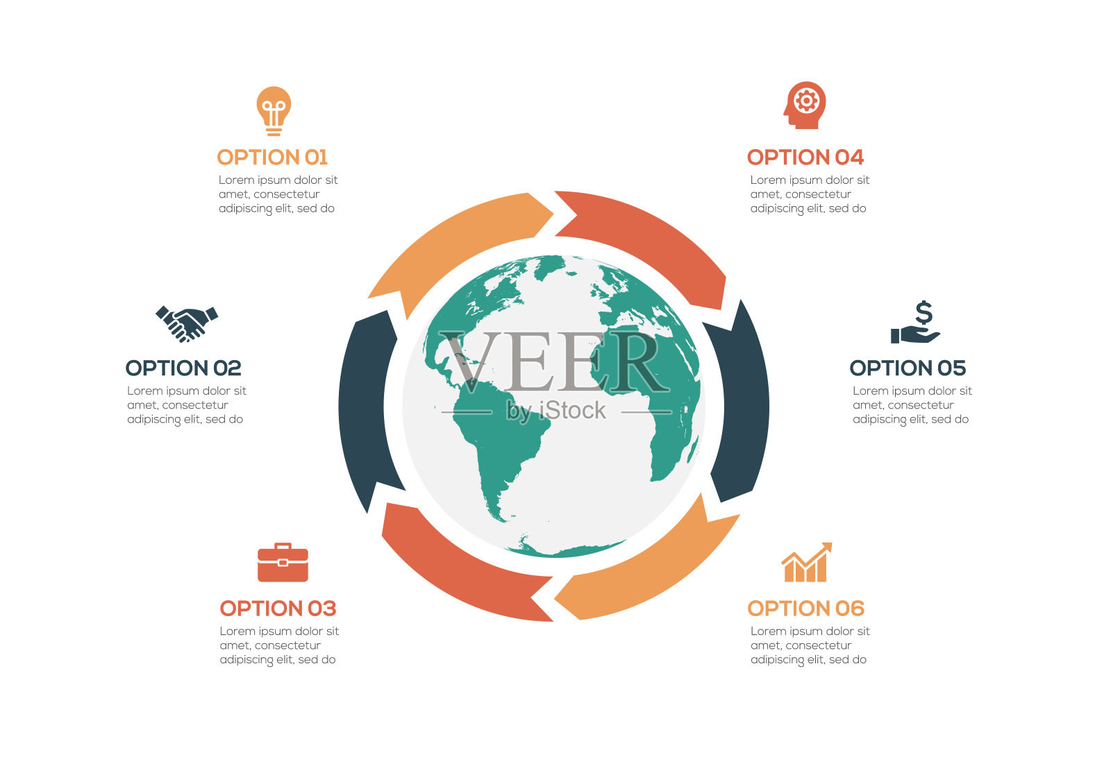 矢量信息图全局模板6个选项。可用于工作流布局，横幅，循环图，网页设计，信息图模板插画图片素材