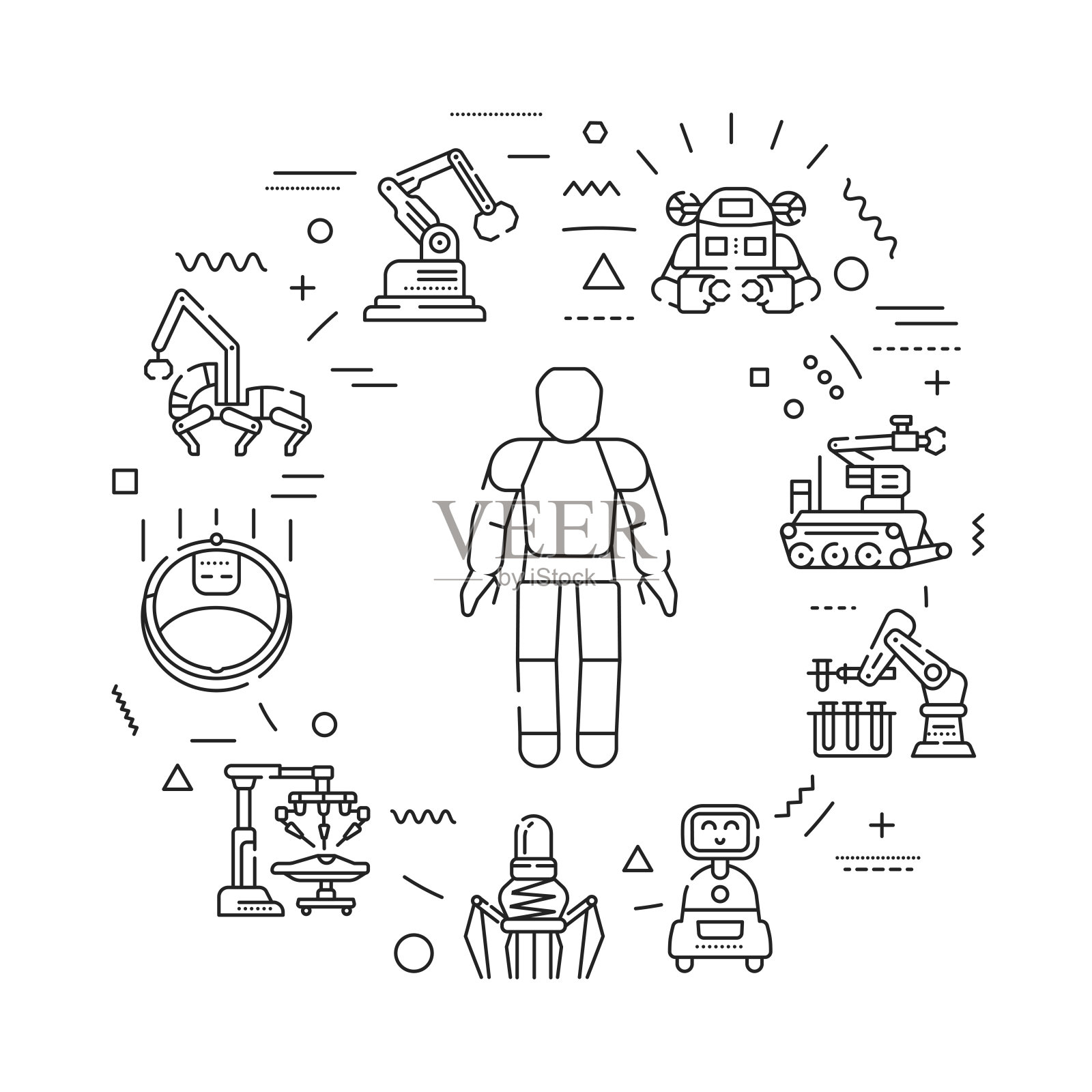 机器人网络横幅。技术的创新。不同行业的助理。信息图与线性图标在白色的背景。创意概念插画图片素材