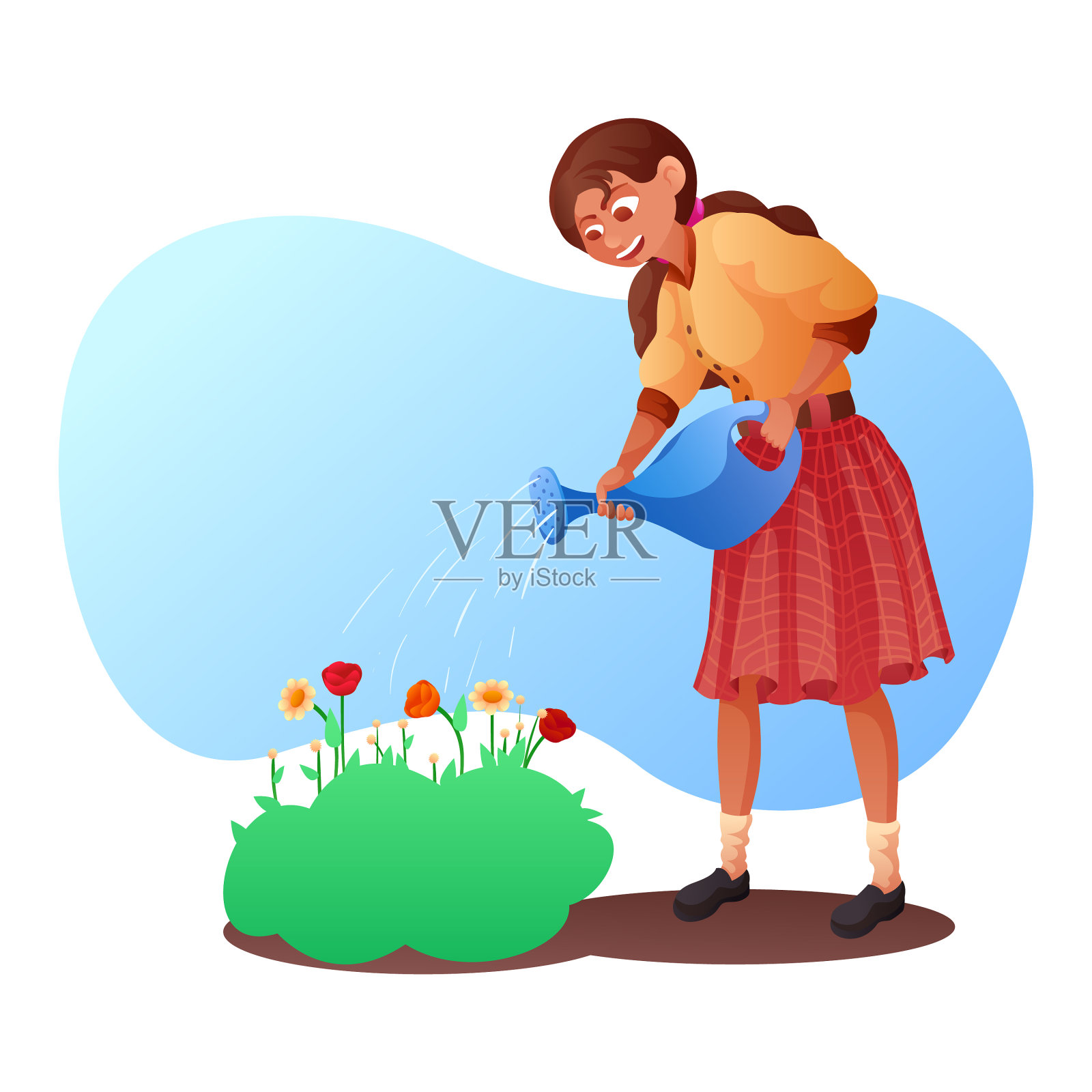 快乐女人微笑着浇灌盛开的鲜花设计元素图片