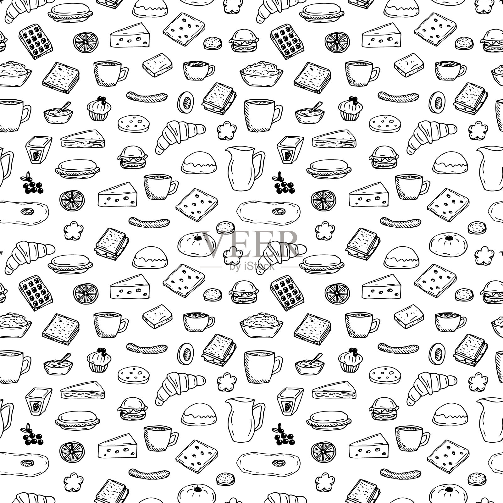 无缝图案热早餐流行产品，矢量插画，手绘插画图片素材