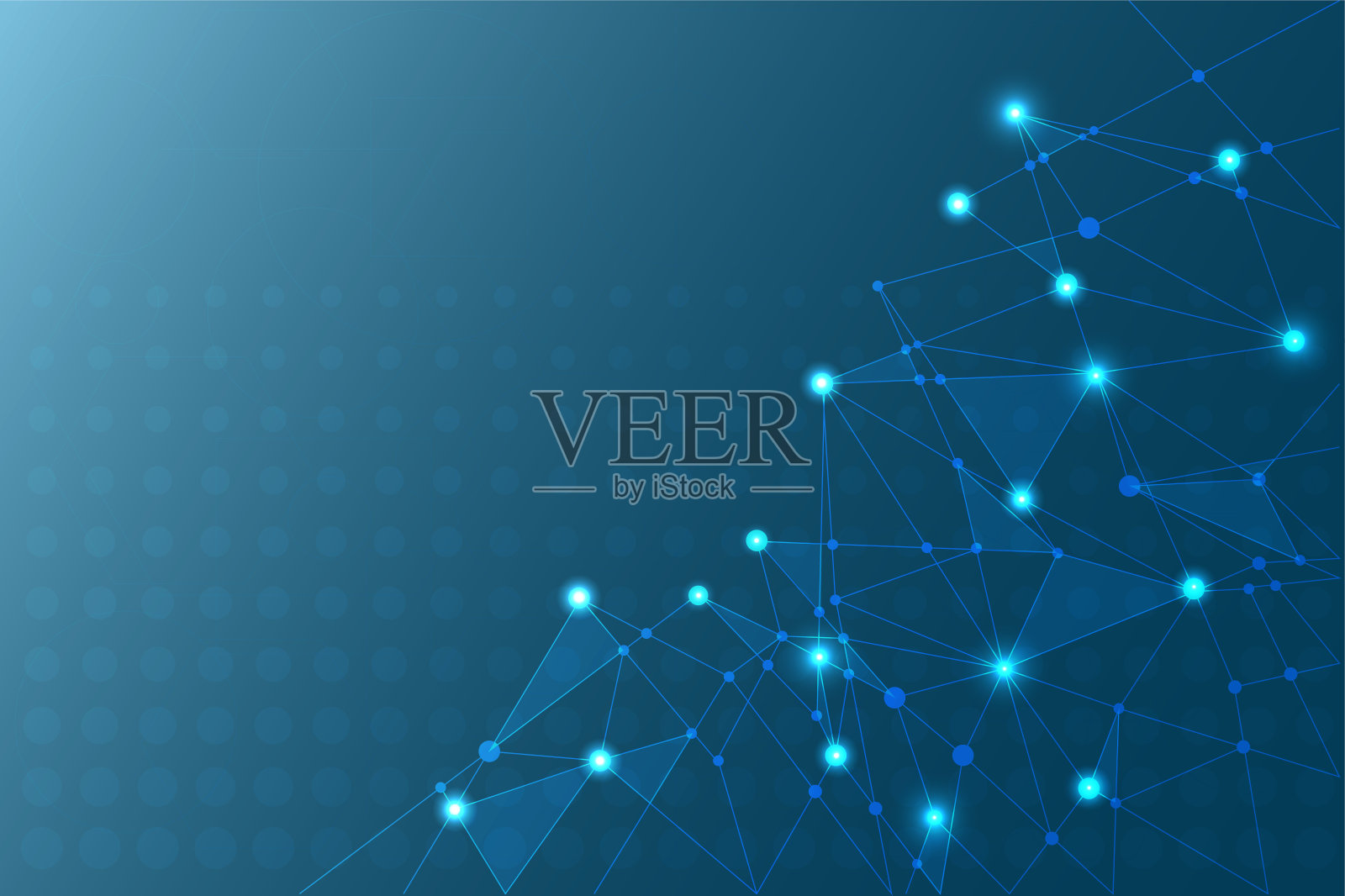 抽象的背景概念与半色调主题蓝色光。世界范围内的网络通过线和点连接在一起。背面有抽象线条的科学模板显示生物化学分子的结构。插画图片素材