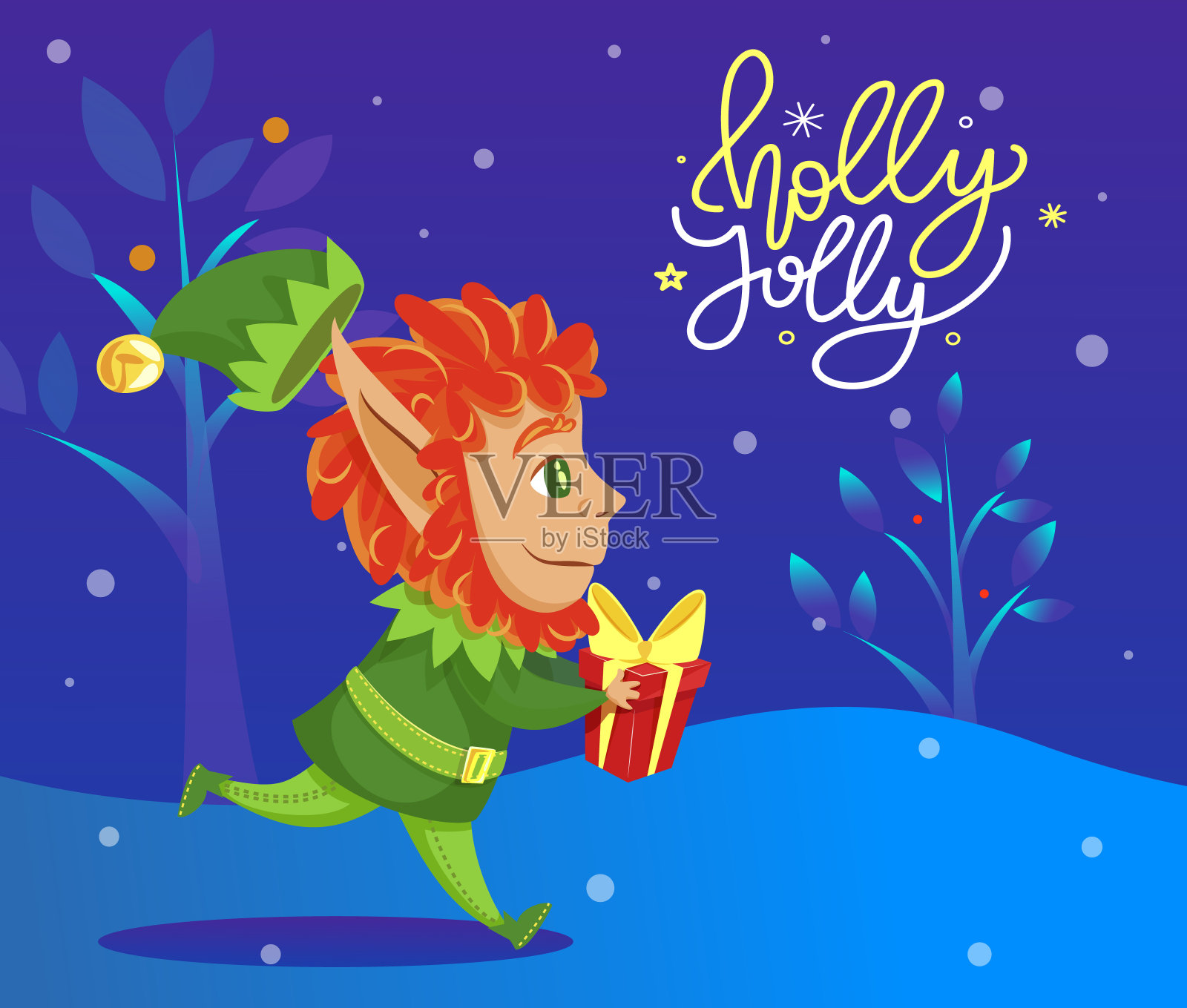 快乐的冬青圣诞节，带着礼物的精灵设计元素图片