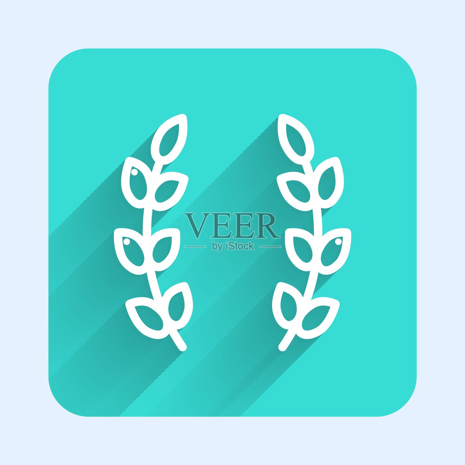 白线月桂花环图标孤立与长影子。胜利的象征。绿色方形按钮。向量图标素材