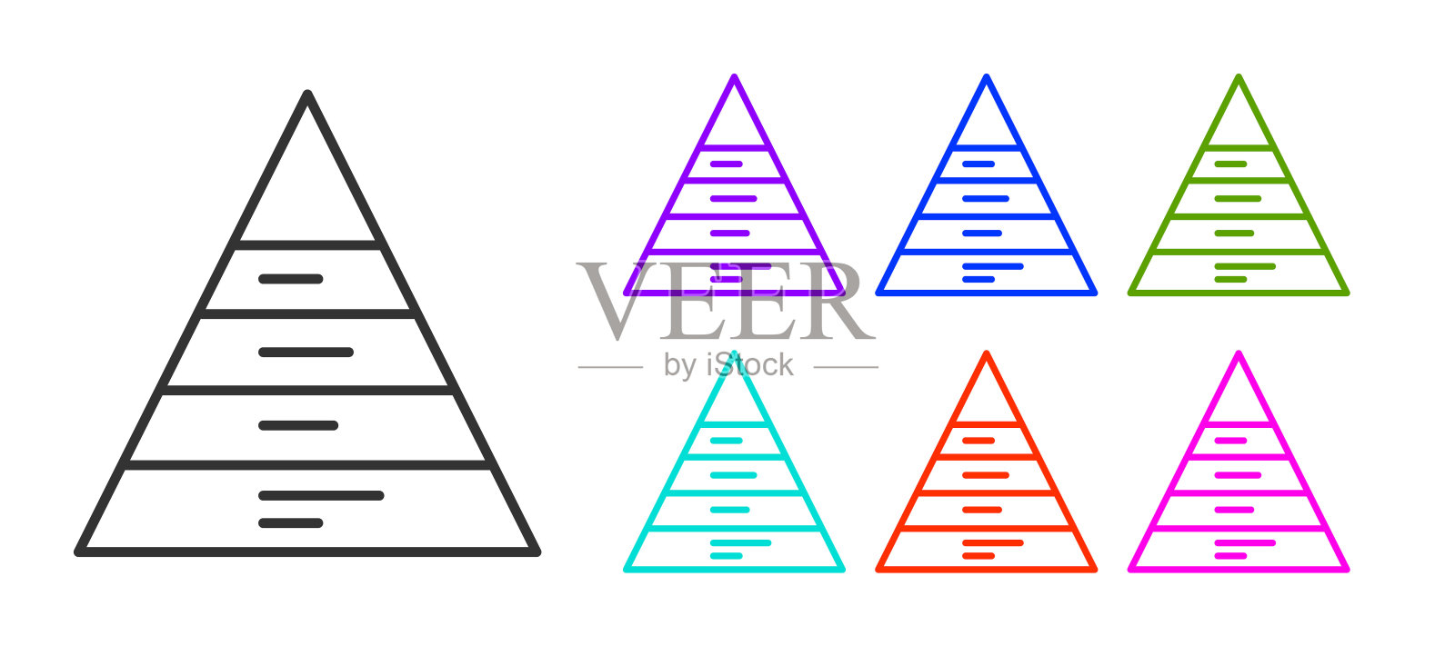 黑线业务金字塔图表信息图图标孤立在白色背景。金字塔阶段图元素。设置彩色图标。向量插画图片素材