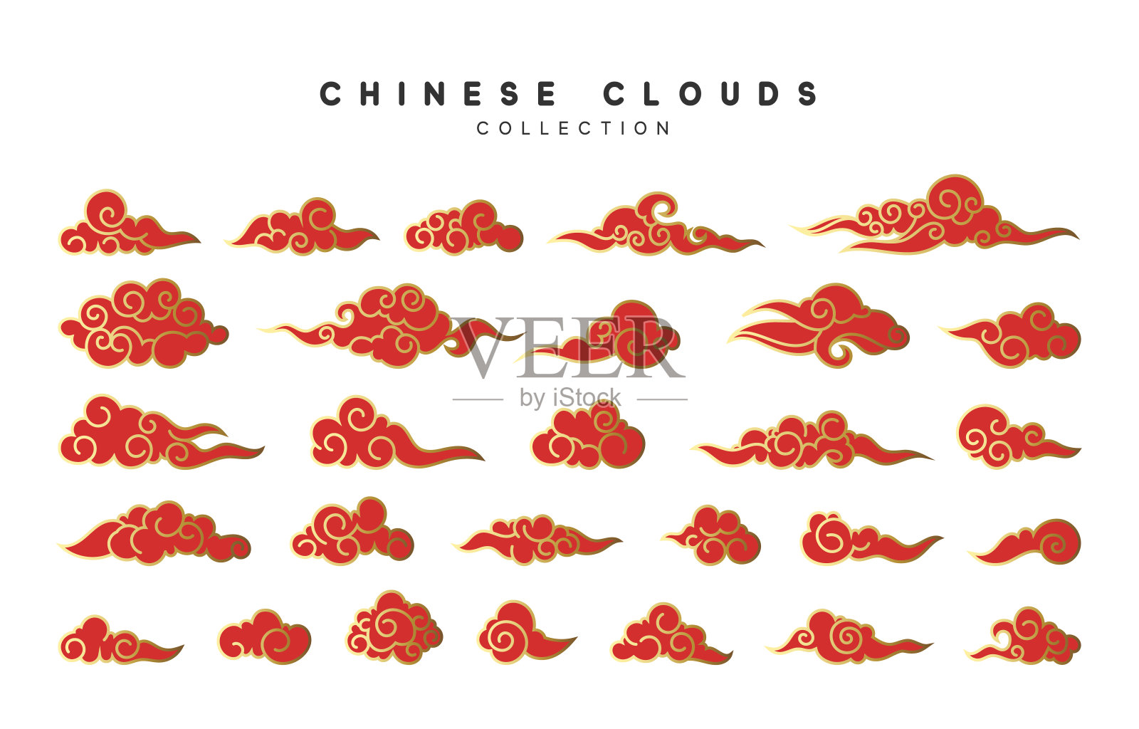 中国风格的红色和金色云彩的集合插画图片素材