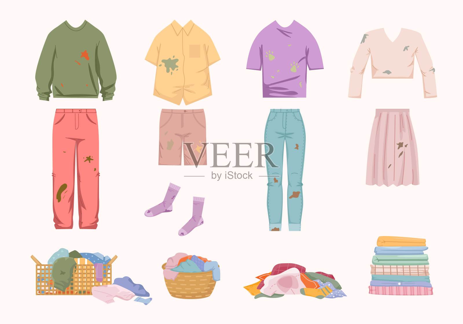 一套没洗过的脏衣服。女士夹克与裙子绿色黏液袜子短裤t恤与狗印洗衣篮装满臭衣服堆旧袜子堆干净亚麻布。家务向量。插画图片素材