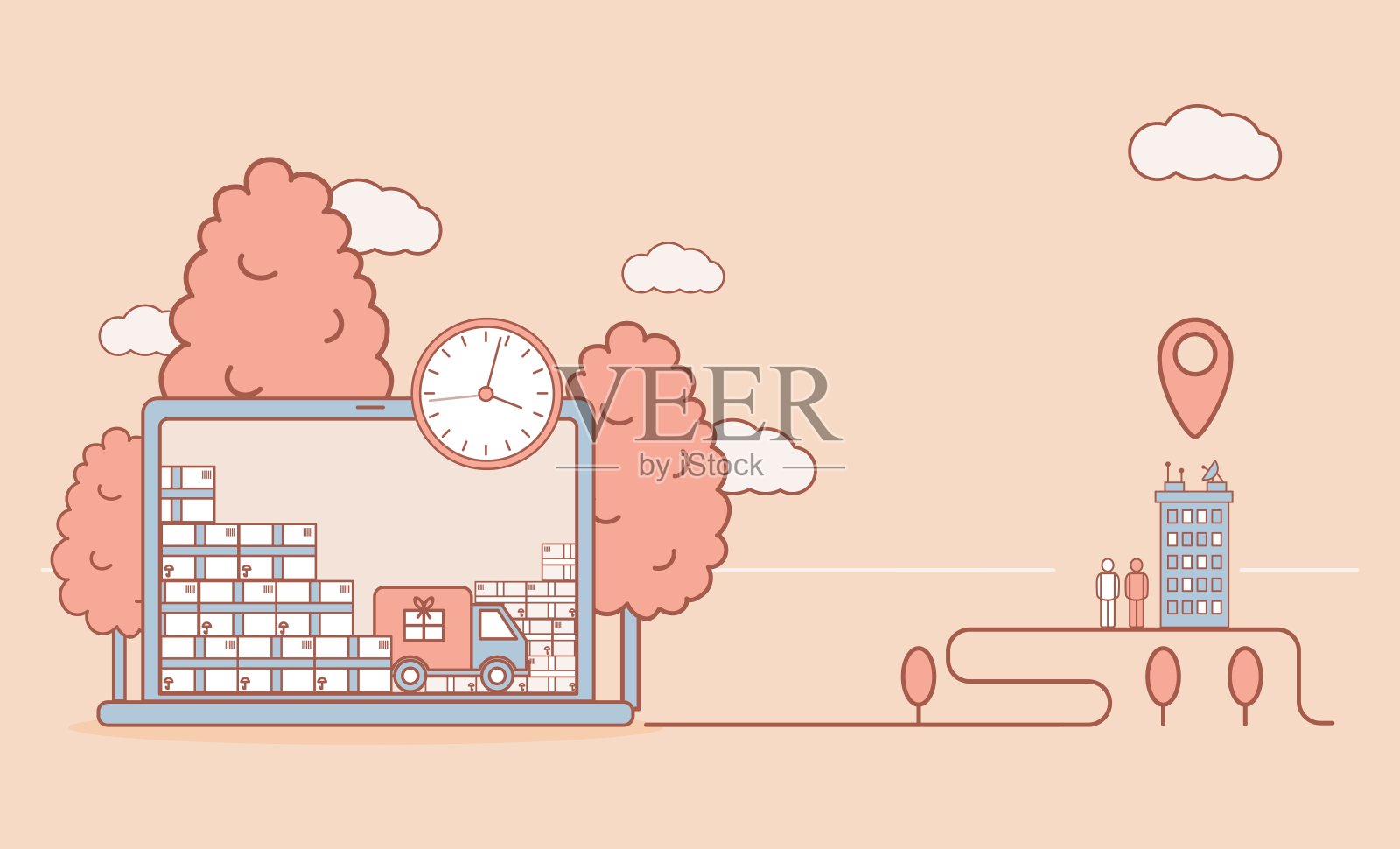 网上购物矢量卡通大纲插图。购物卡车与采购送货给顾客。插画图片素材