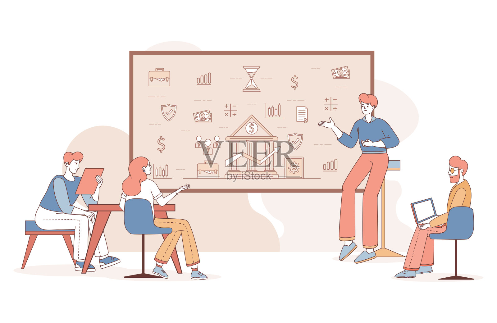 分析金融统计或开发经济应用的专家。男人和女人在讨论经济。插画图片素材