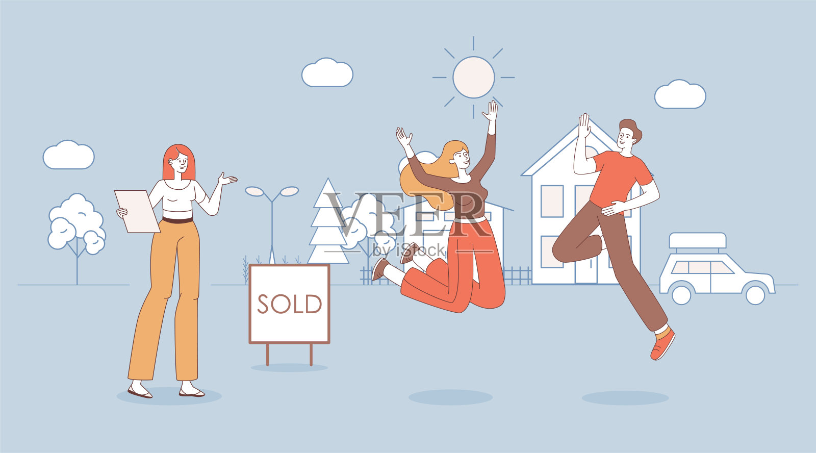 年轻幸福的妻子和幸福的丈夫买乡村房子矢量漫画大纲插图。插画图片素材