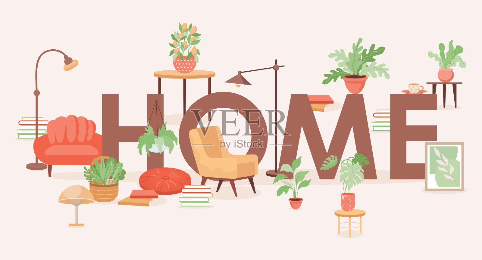 首页字横幅设计。家居家具和家居用品矢量平面插图。插画图片素材