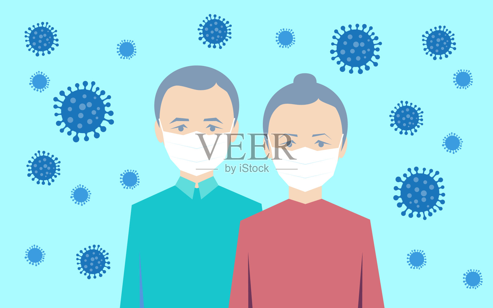 老年人、祖父母、老年人、60岁以上的人尤其容易感染该病毒。悲伤的男人，在病毒背景下戴着白色防护面具的女人。新型冠状病毒(2019 - ncov)。保护的概念插画图片素材