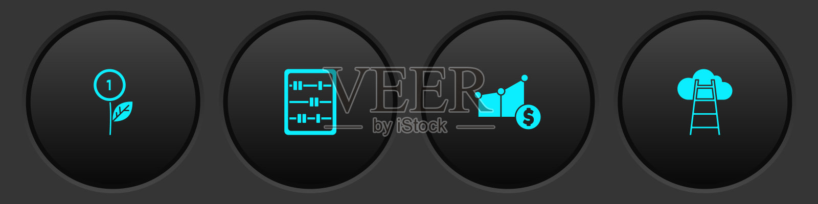 设置美元植物，算盘，饼图和美元和楼梯与完成旗帜图标。向量图标素材