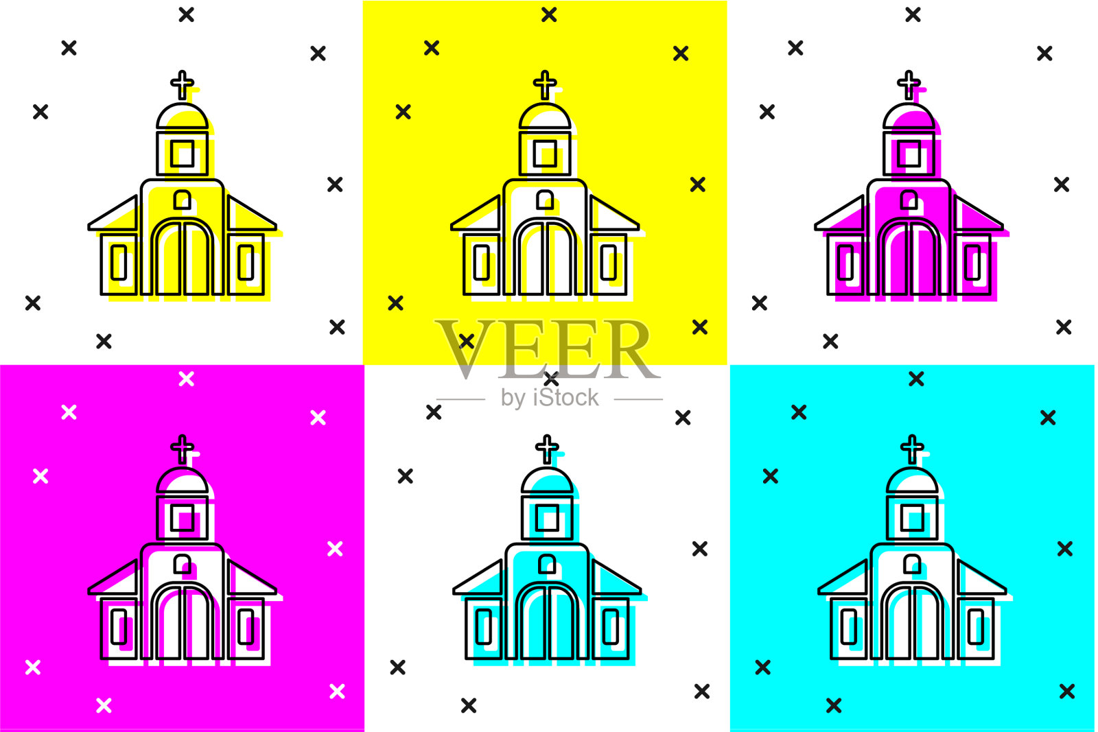 设置教堂建筑图标孤立的颜色图标素材