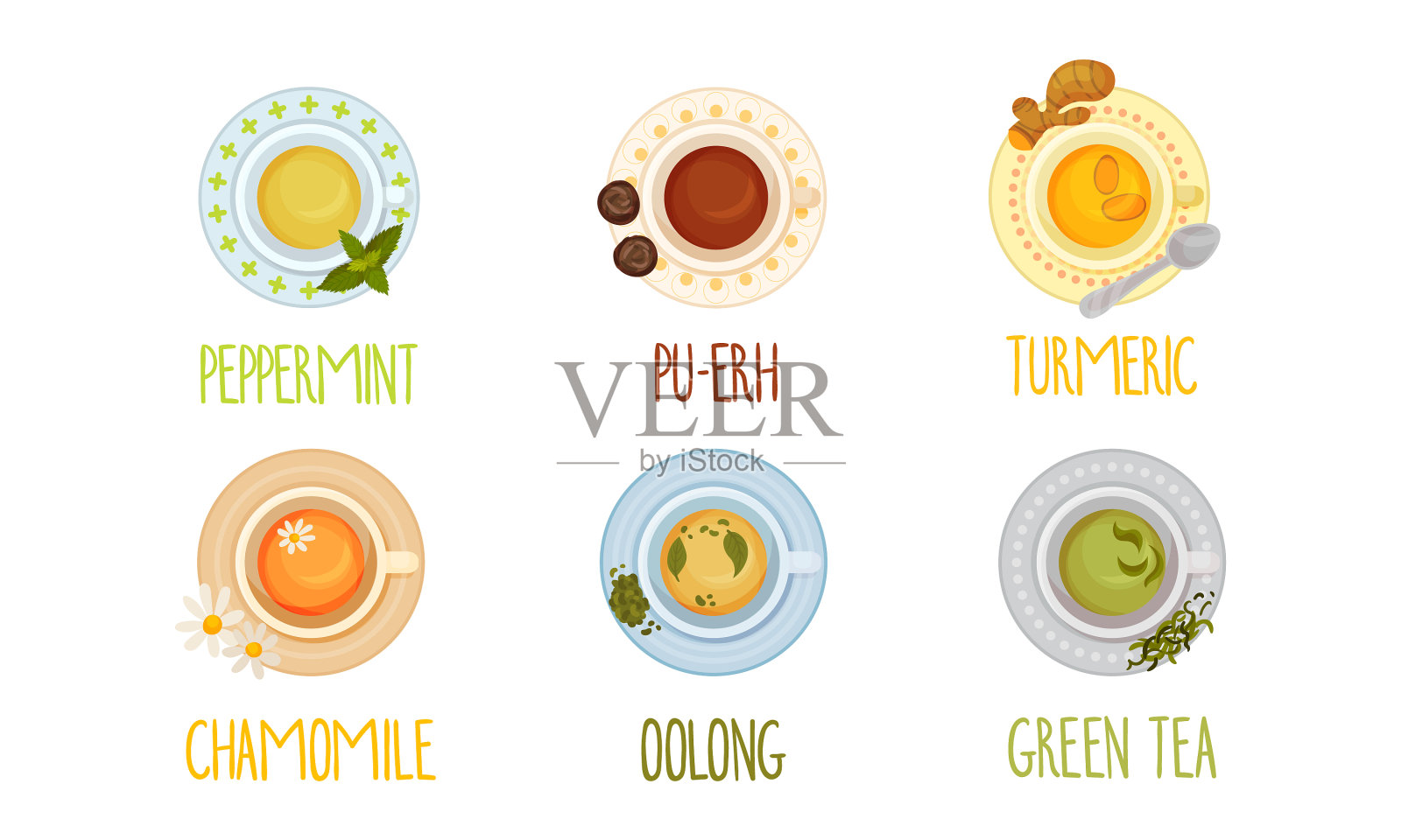 不同类型的茶倒在杯子和站立插画图片素材