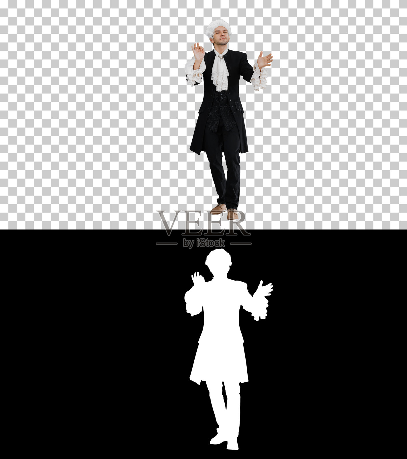 一名男子打扮得像莫扎特一样一边指挥一边看着照片摄影图片