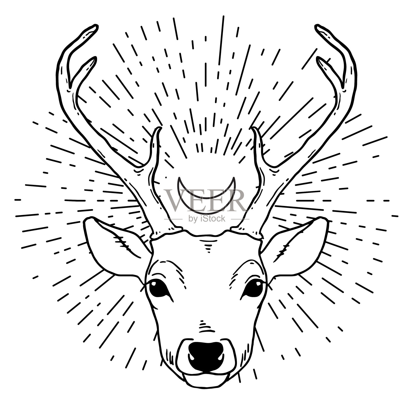 手画鹿头与新月插画图片素材